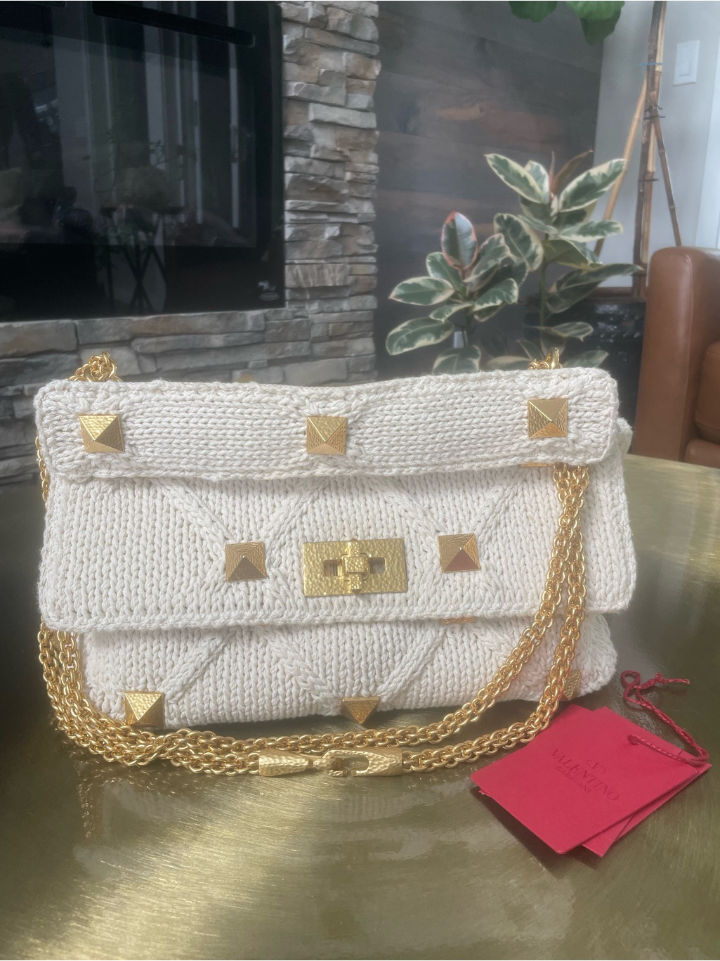 Valentino Stud Cream Knit Shoulder Bag With Gold Studs